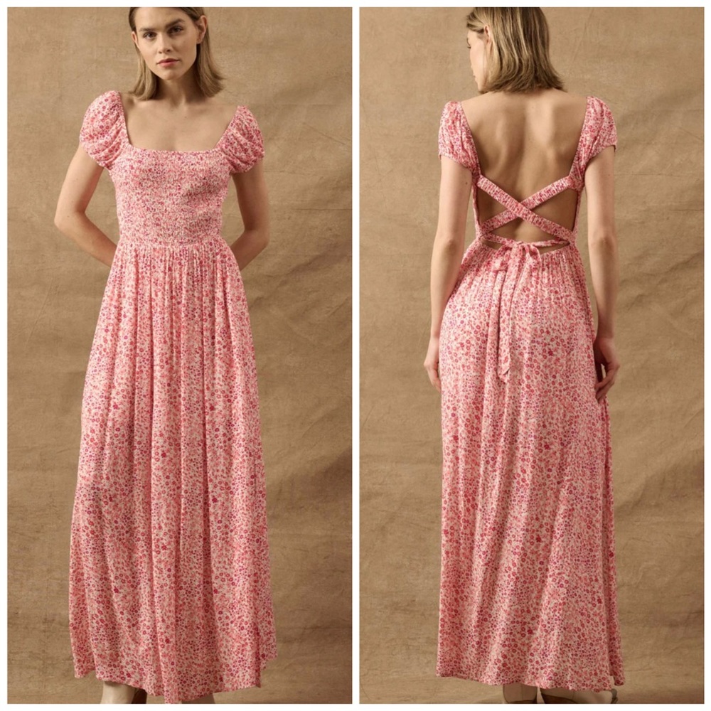 Romantic Floral Ruched Bodice Tie-back Maxi Dress w/Puff Peasant Sleeves NWT